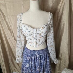 Windsor Floral Corset Crop Top White Long‎ Sleeve Smocked Back PT41845KW Medium